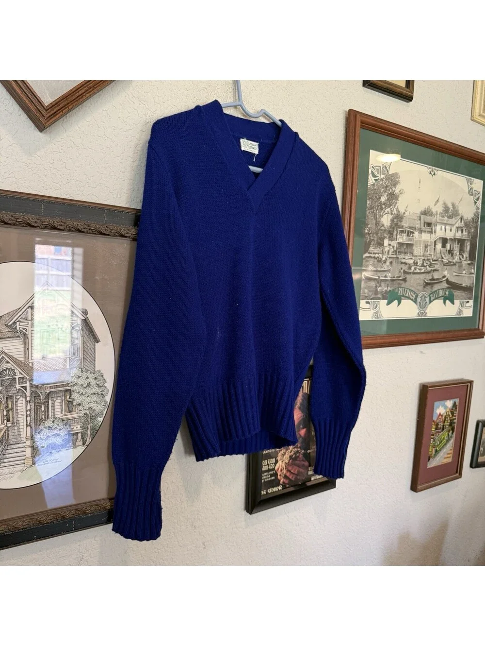 Vintage 50s/60s RARE Keller Sports OKC Blue Wool Cheer Knit Sweater Size Medium